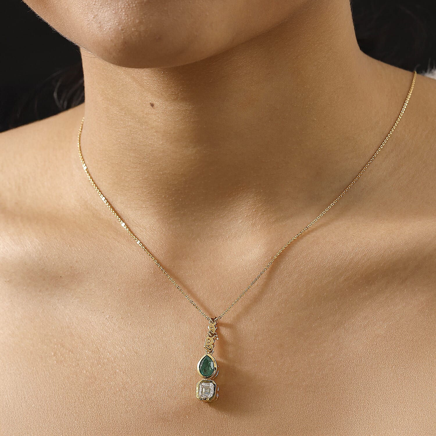 THE TOI ET MOI - GP - Art Deco Emeraldine Quartz, Moissanite Pendant with Chain (Size - 20) in 18K Vermeil Yellow Gold Plated Sterling Silver 2.80 Ct. 4336892 2
