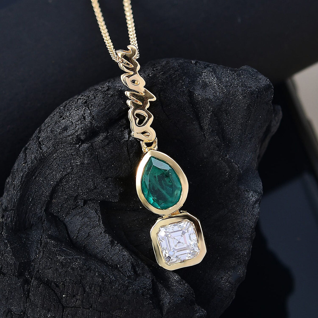 THE TOI ET MOI - GP - Art Deco Emeraldine Quartz, Moissanite Pendant with Chain (Size - 20) in 18K Vermeil Yellow Gold Plated Sterling Silver 2.80 Ct. 4336892 4