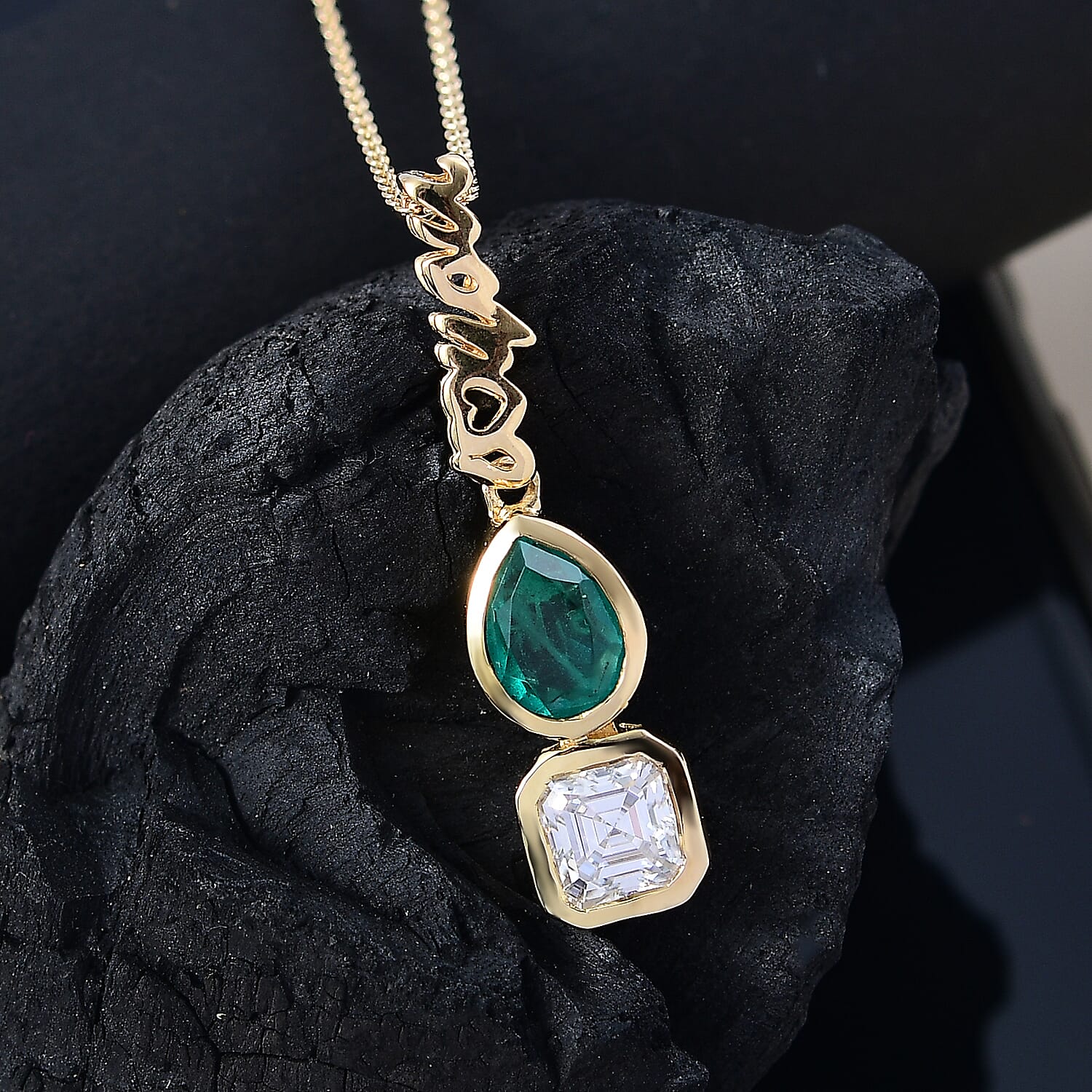 THE TOI ET MOI - GP - Art Deco Emeraldine Quartz, Moissanite Pendant with Chain (Size - 20) in 18K Vermeil Yellow Gold Plated Sterling Silver 2.80 Ct. 4336892 4