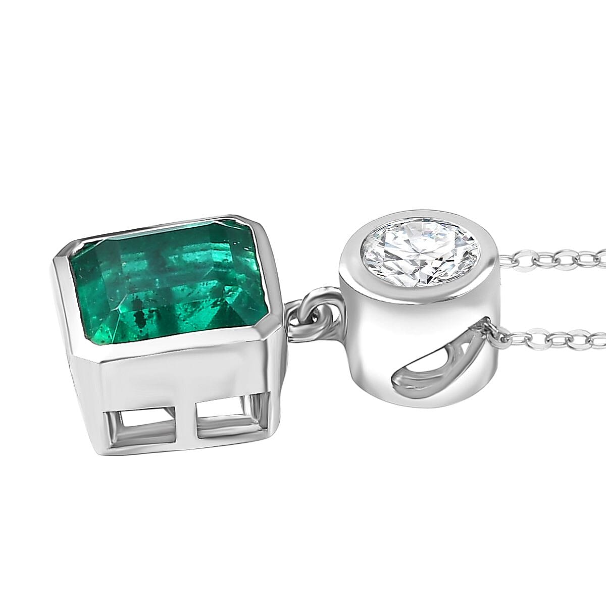 Emeraldine Triplet Quartz &amp; Moissanite Pendant with Chain (Size 20) in Rhodium Overlay Sterling Silver 3.49 Ct. 4363102 4