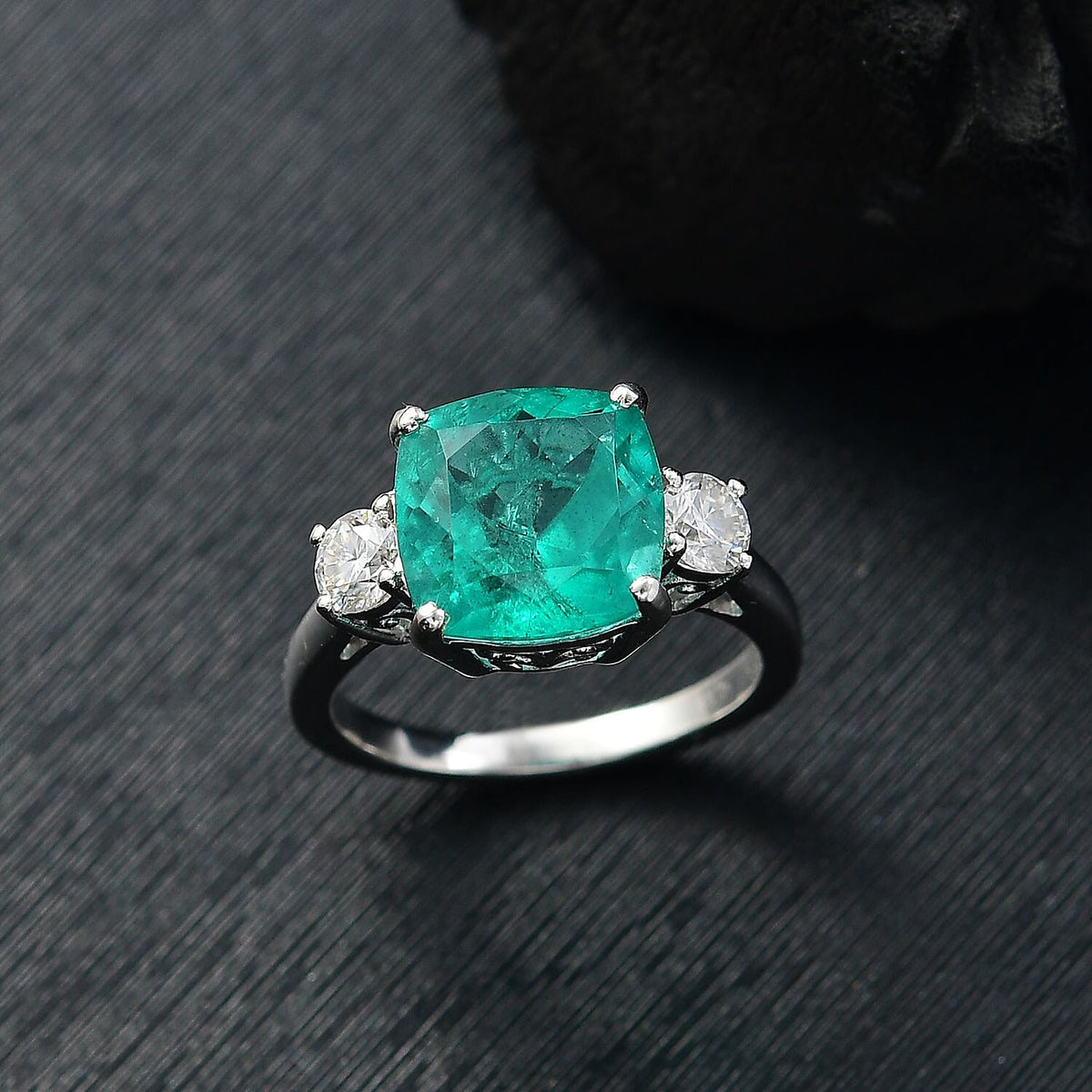 Emeraldine Triplet Quartz &amp; Moissanite Solitaire Ring in Rhodium Overlay Sterling Silver 5.07 Ct. 8067668 2