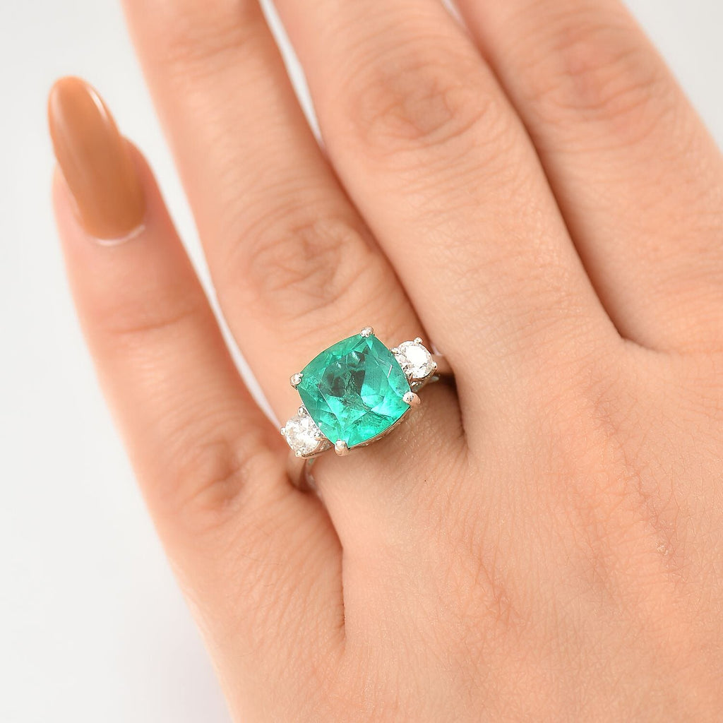 Emeraldine Triplet Quartz & Moissanite Solitaire Ring in Rhodium Overlay Sterling Silver 5.07 Ct.