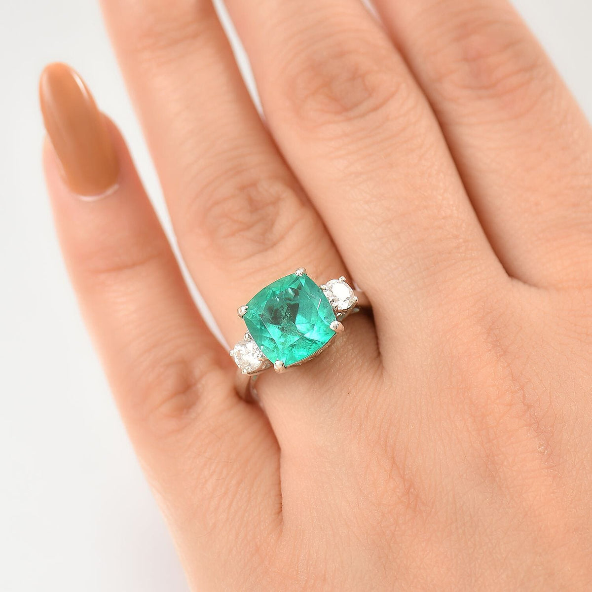 Emeraldine Triplet Quartz &amp; Moissanite Solitaire Ring in Rhodium Overlay Sterling Silver 5.07 Ct. 8067668 3
