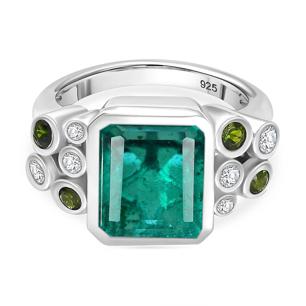 Emeraldine Quartz, Natural Chrome Diopside & Natural Zircon Bubble Ring in Rhodium Overlay Sterling Silver 5.70 Ct.