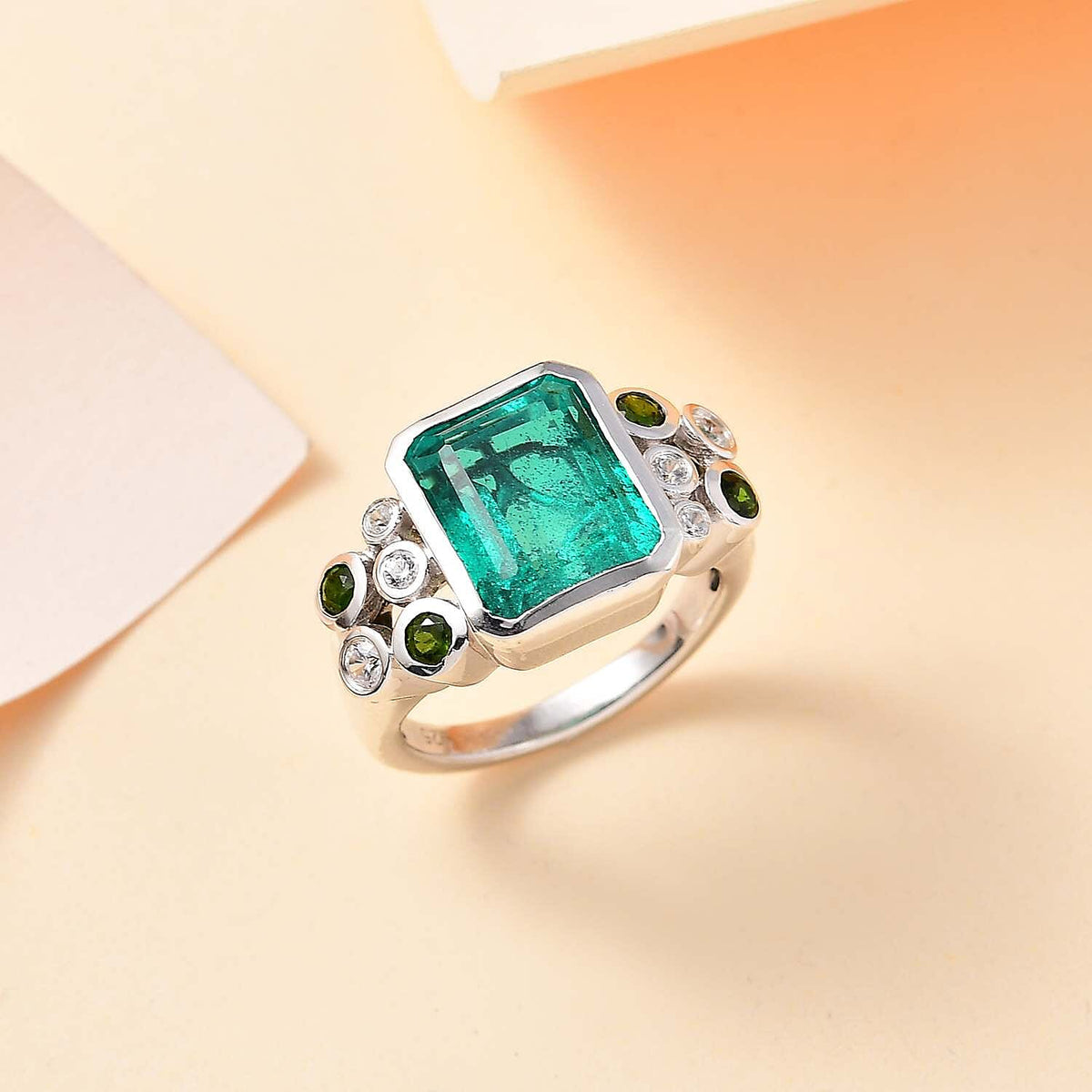 Emeraldine Triplet Quartz, Natural Chrome Diopside, White Zircon Ring in Rhodium Overlay Sterling Silver, Silver Wt. 6 Gms 5.695 Ct. 7803973 2