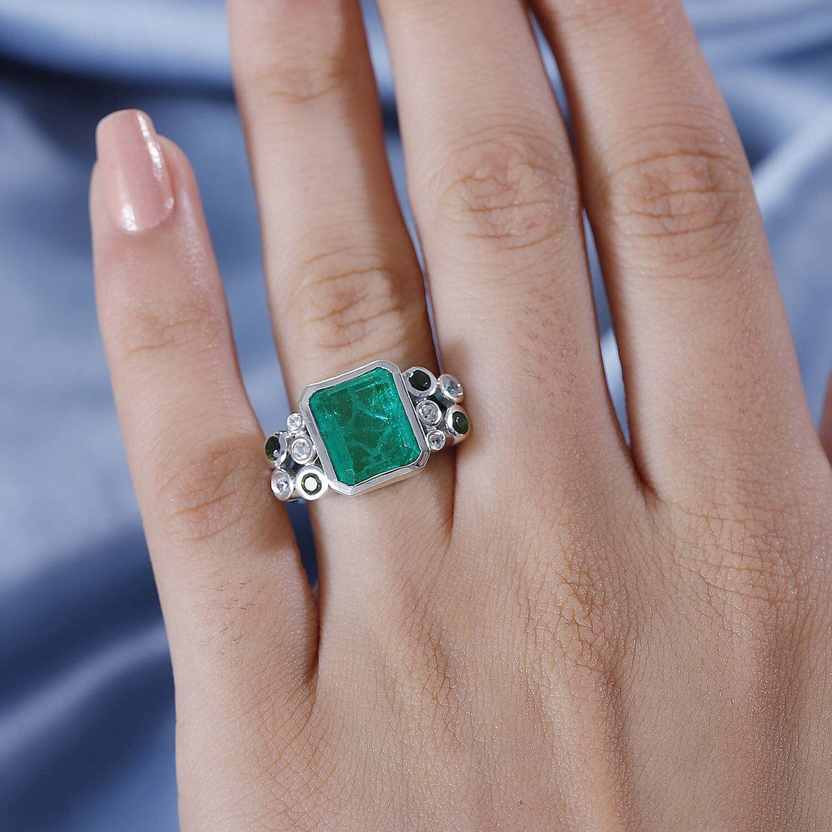Emeraldine Triplet Quartz, Natural Chrome Diopside, White Zircon Ring in Rhodium Overlay Sterling Silver, Silver Wt. 6 Gms 5.695 Ct. 7803973 3