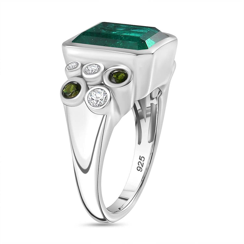 Emeraldine Quartz, Natural Chrome Diopside & Natural Zircon Bubble Ring in Rhodium Overlay Sterling Silver 5.70 Ct.