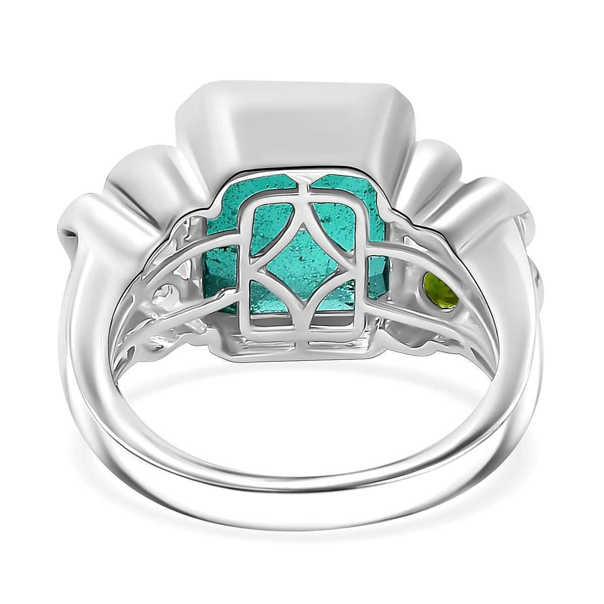 Emeraldine Triplet Quartz, Natural Chrome Diopside, White Zircon Ring in Rhodium Overlay Sterling Silver, Silver Wt. 6 Gms 5.695 Ct. 7803973 5