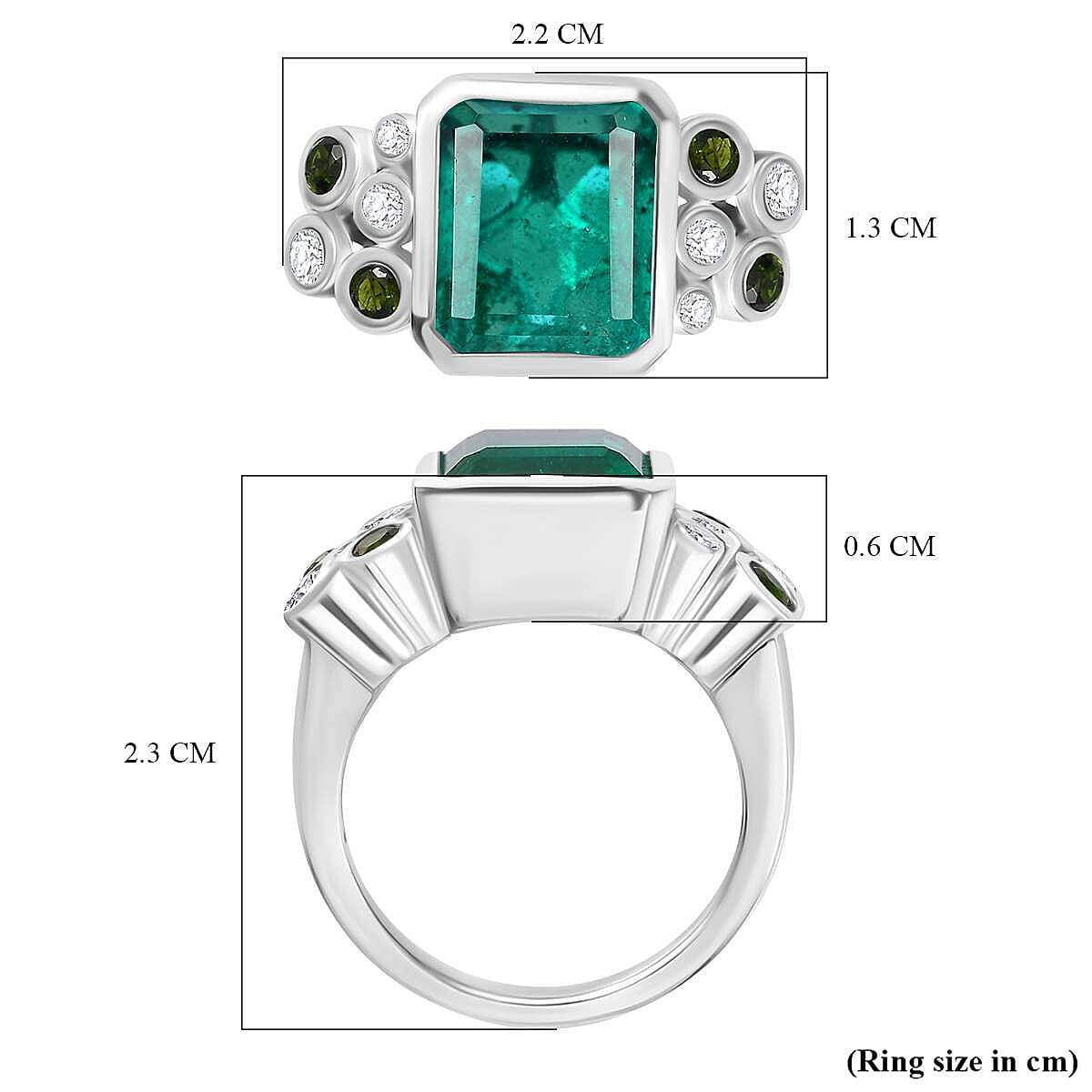 Emeraldine Triplet Quartz, Natural Chrome Diopside, White Zircon Ring in Rhodium Overlay Sterling Silver, Silver Wt. 6 Gms 5.695 Ct. 7803973 6