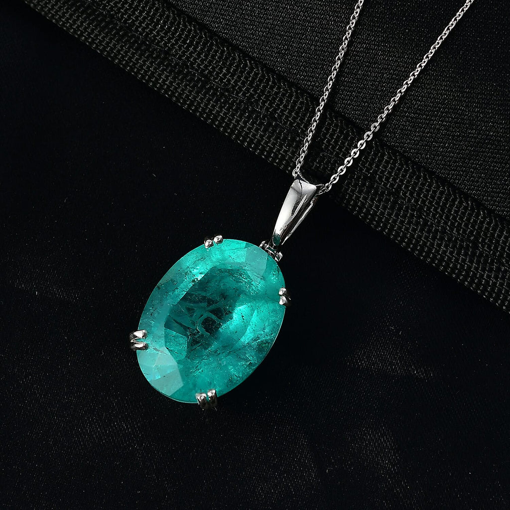 D'Joy Emeraldine Triplet Quartz Solitaire Pendant with Chain (Size 20) in Rhodium Overlay Sterling Silver 25.00 Ct, Silver Wt. 5.50 Gms.