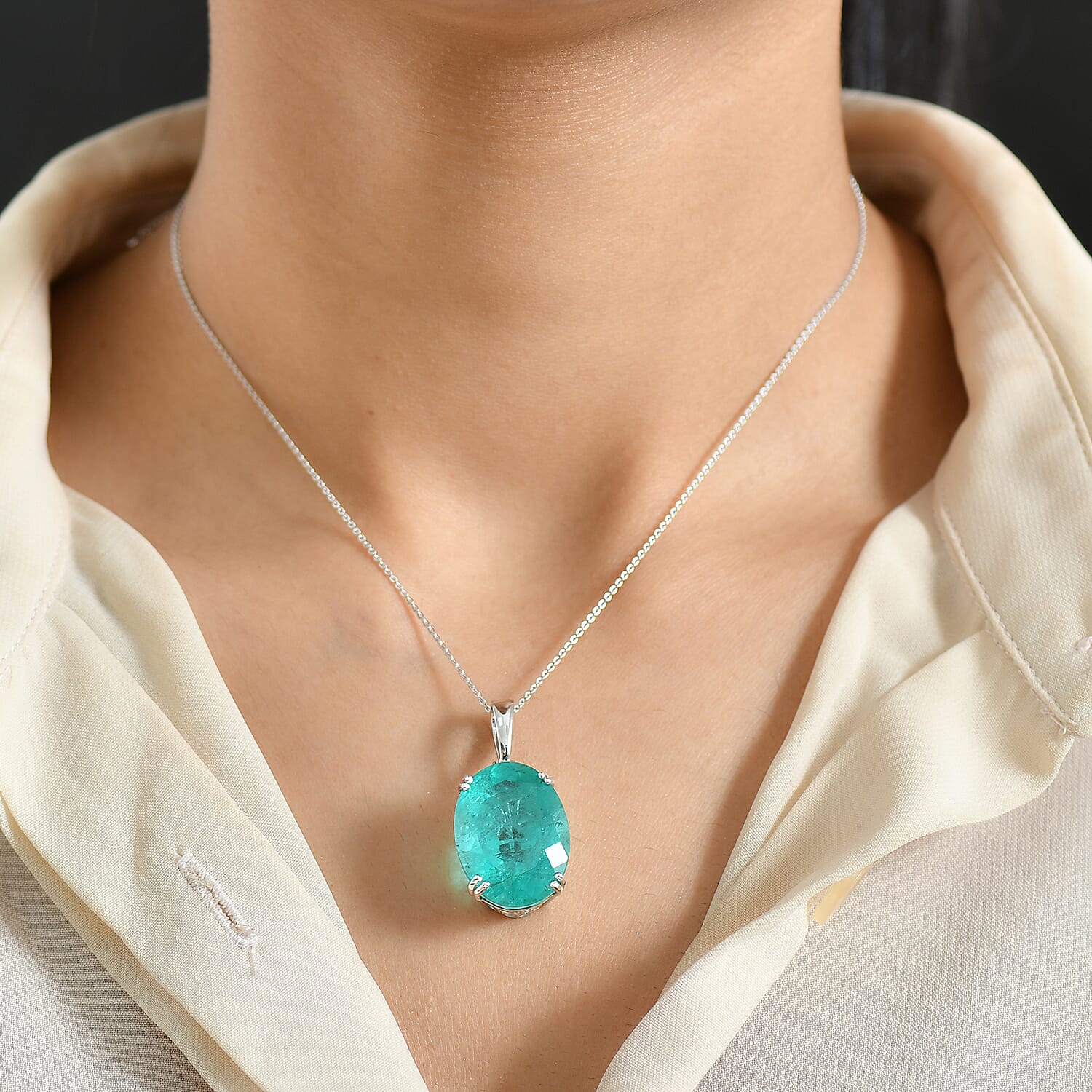 D'Joy Emeraldine Triplet Quartz Solitaire Pendant with Chain (Size 20) in Rhodium Overlay Sterling Silver 25.00 Ct, Silver Wt. 5.50 Gms. 4441398 3