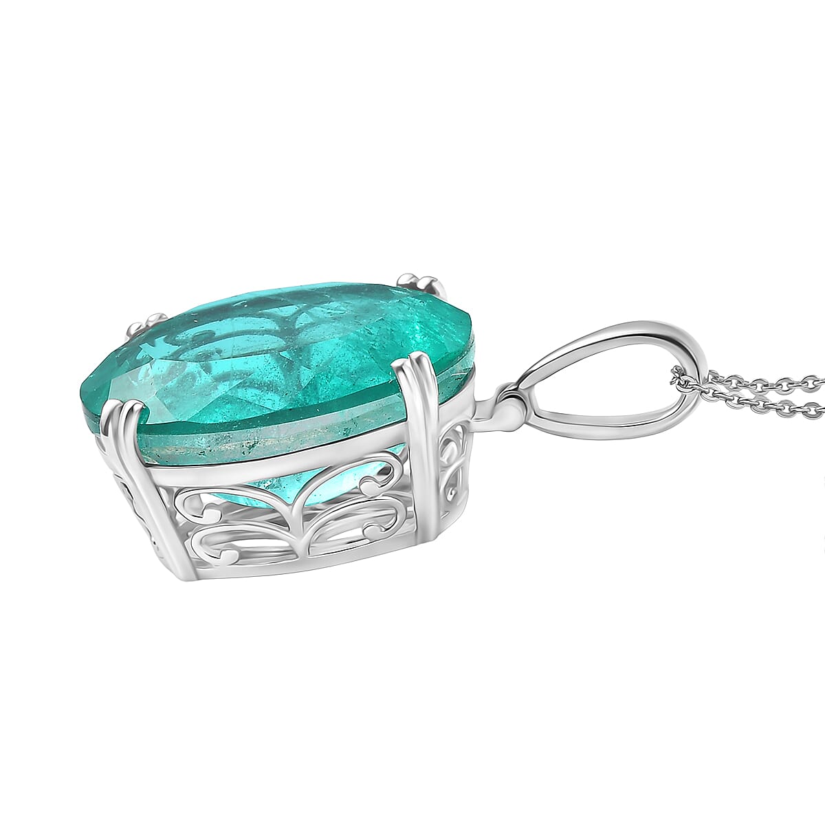 D'Joy Emeraldine Triplet Quartz Solitaire Pendant with Chain (Size 20) in Rhodium Overlay Sterling Silver 25.00 Ct, Silver Wt. 5.50 Gms. 4441398 4