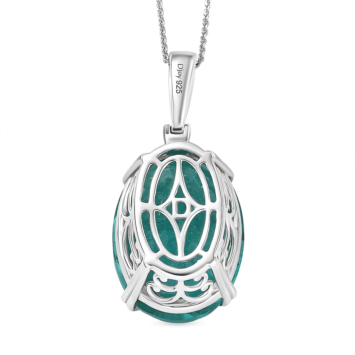 D'Joy Emeraldine Triplet Quartz Solitaire Pendant with Chain (Size 20) in Rhodium Overlay Sterling Silver 25.00 Ct, Silver Wt. 5.50 Gms. 4441398 5