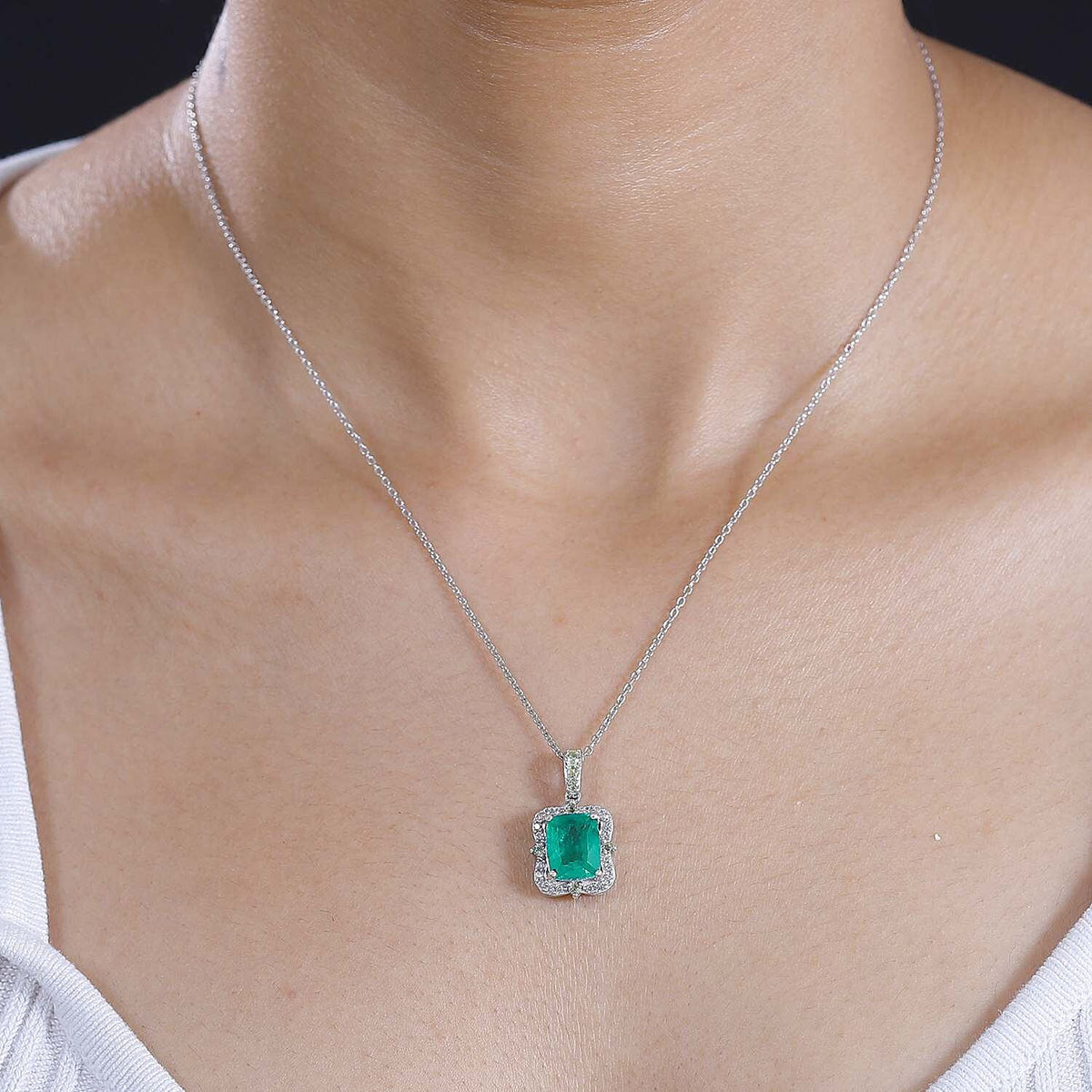 Emeraldine Triplet Quartz, Peridot, White Zircon Halo Pendant with Chain (Size 20) in Rhodium Plated Sterling Silver 4287773 2
