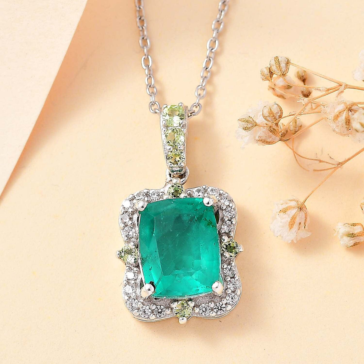 Emeraldine Triplet Quartz, Peridot, White Zircon Halo Pendant with Chain (Size 20) in Rhodium Plated Sterling Silver 4287773 3
