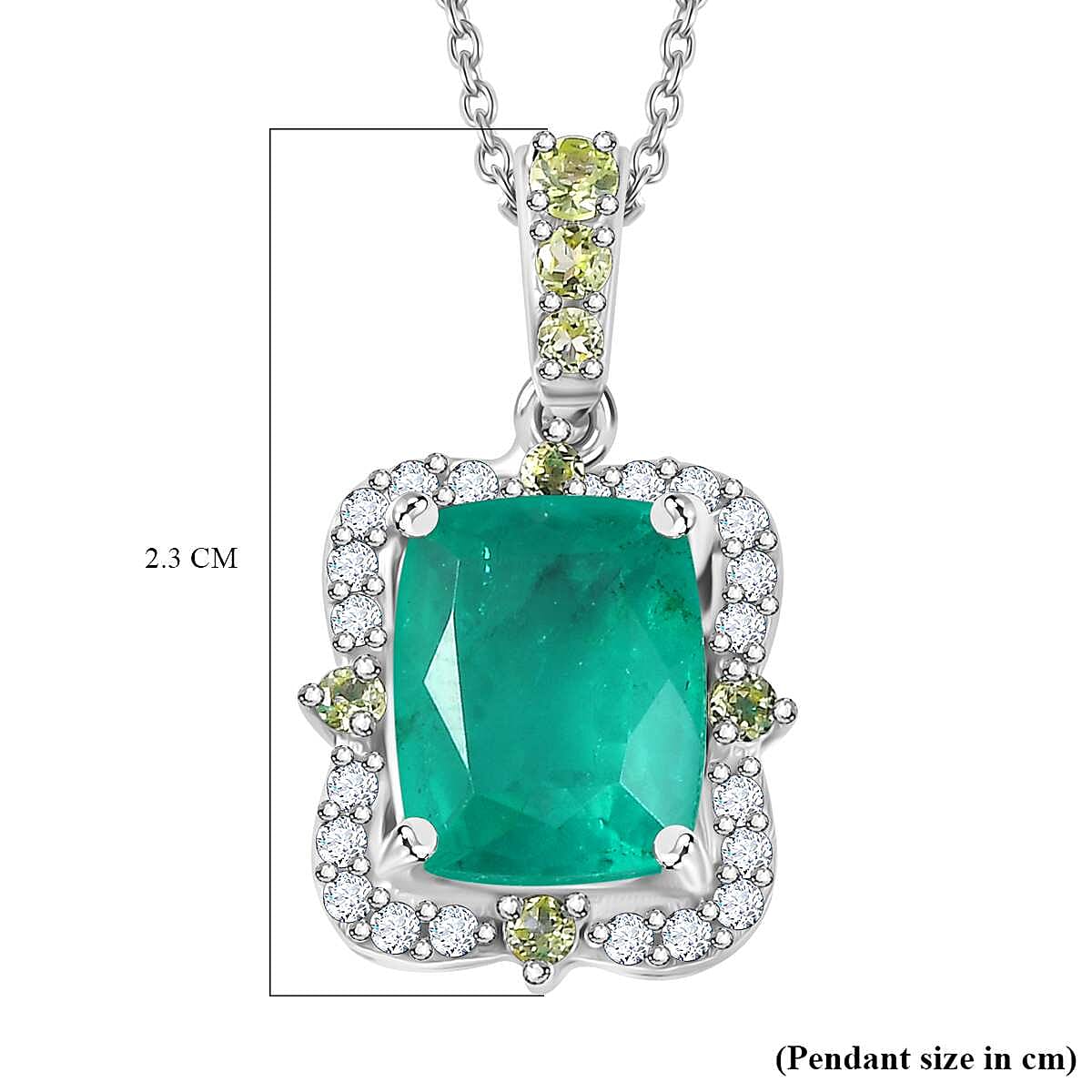 Emeraldine Triplet Quartz, Peridot, White Zircon Halo Pendant with Chain (Size 20) in Rhodium Plated Sterling Silver 4287773 7