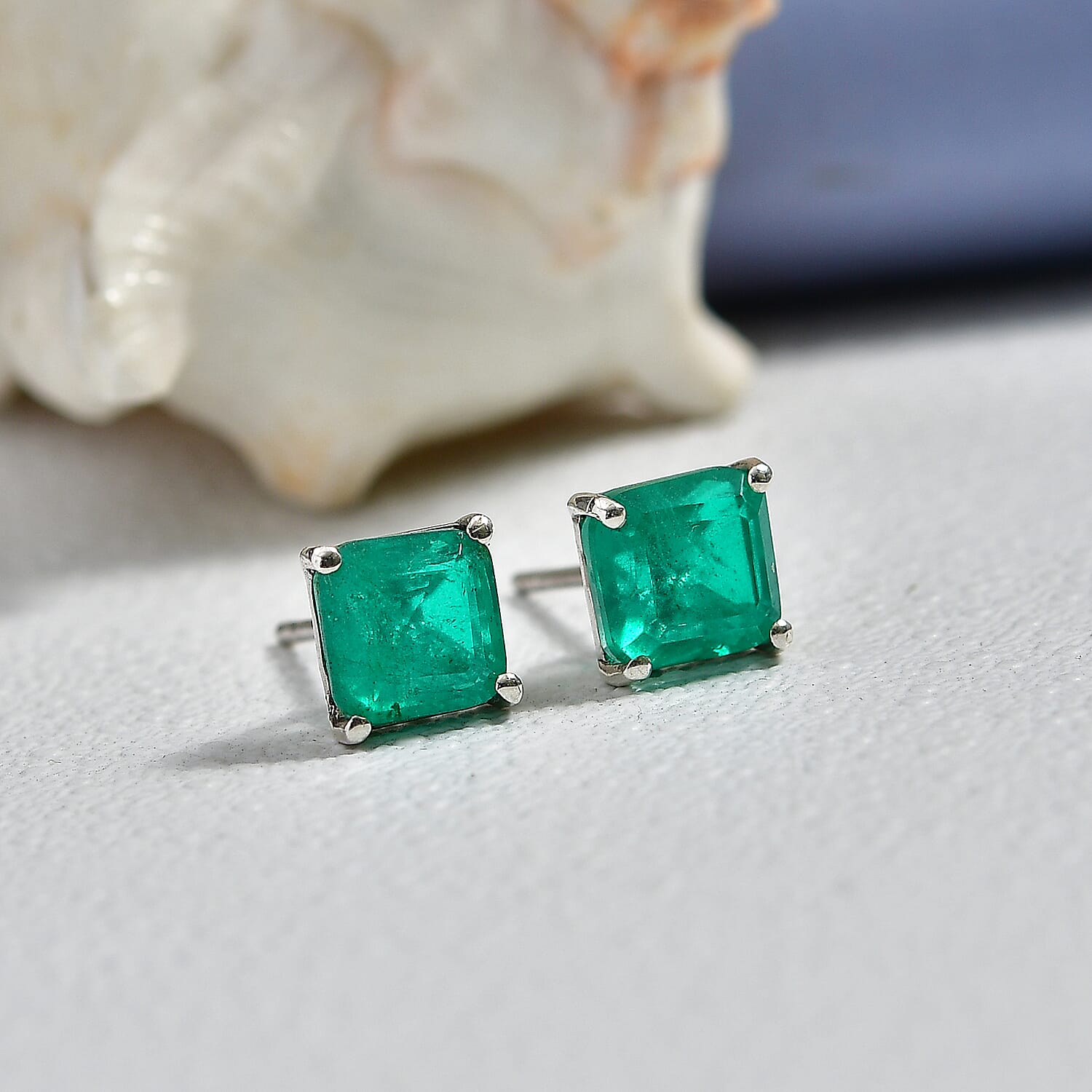 Emeraldine Triplet Quartz Solitaire Stud Push Post Earring in Platinum Overlay Sterling Silver 3.35 Ct. V32372591 3