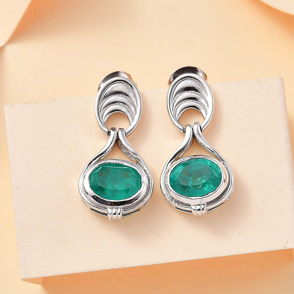 Emeraldine Quartz Solitaire Earrings in Rhodium Overlay Sterling Silver 3.20 Ct