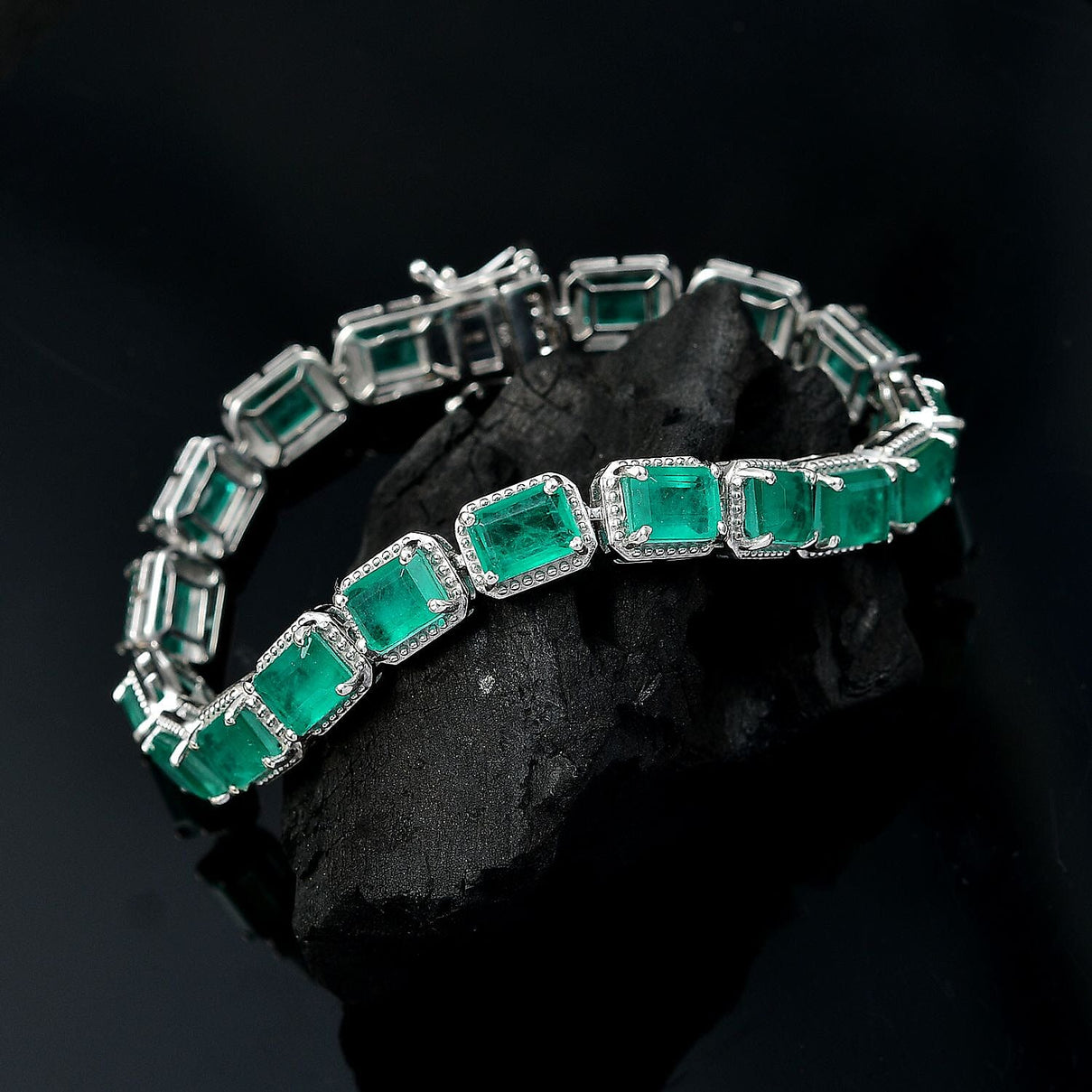 Emeraldine Triplet Quartz Tennis Bracelet (Size 7) with GB Lock Box in Rhodium Overlay Sterling Silver 22.36 Ct, Silver Wt. 13.60 Gms. 8059347 1