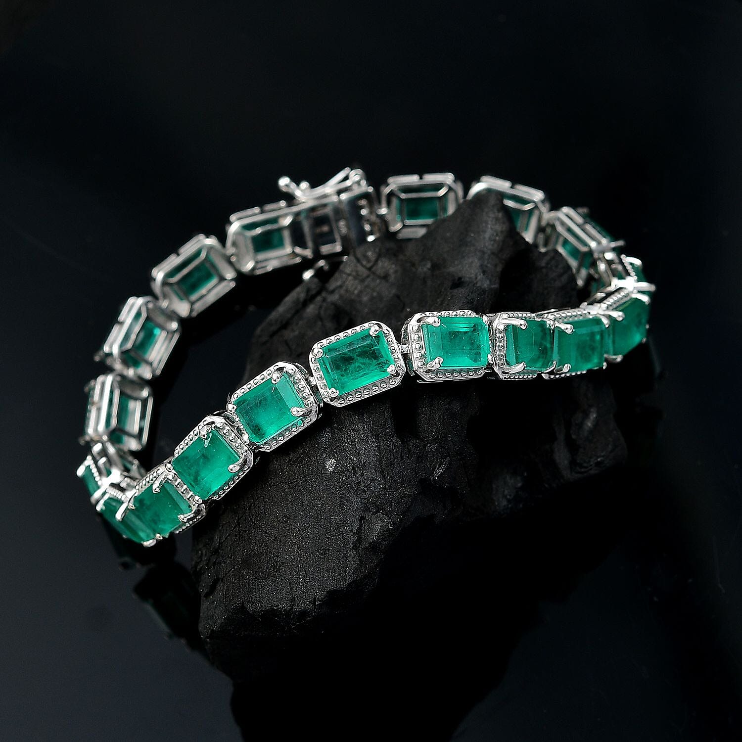 Emeraldine Triplet Quartz Tennis Bracelet (Size 7) with GB Lock Box in Rhodium Overlay Sterling Silver 22.36 Ct, Silver Wt. 13.60 Gms. 8059347 1