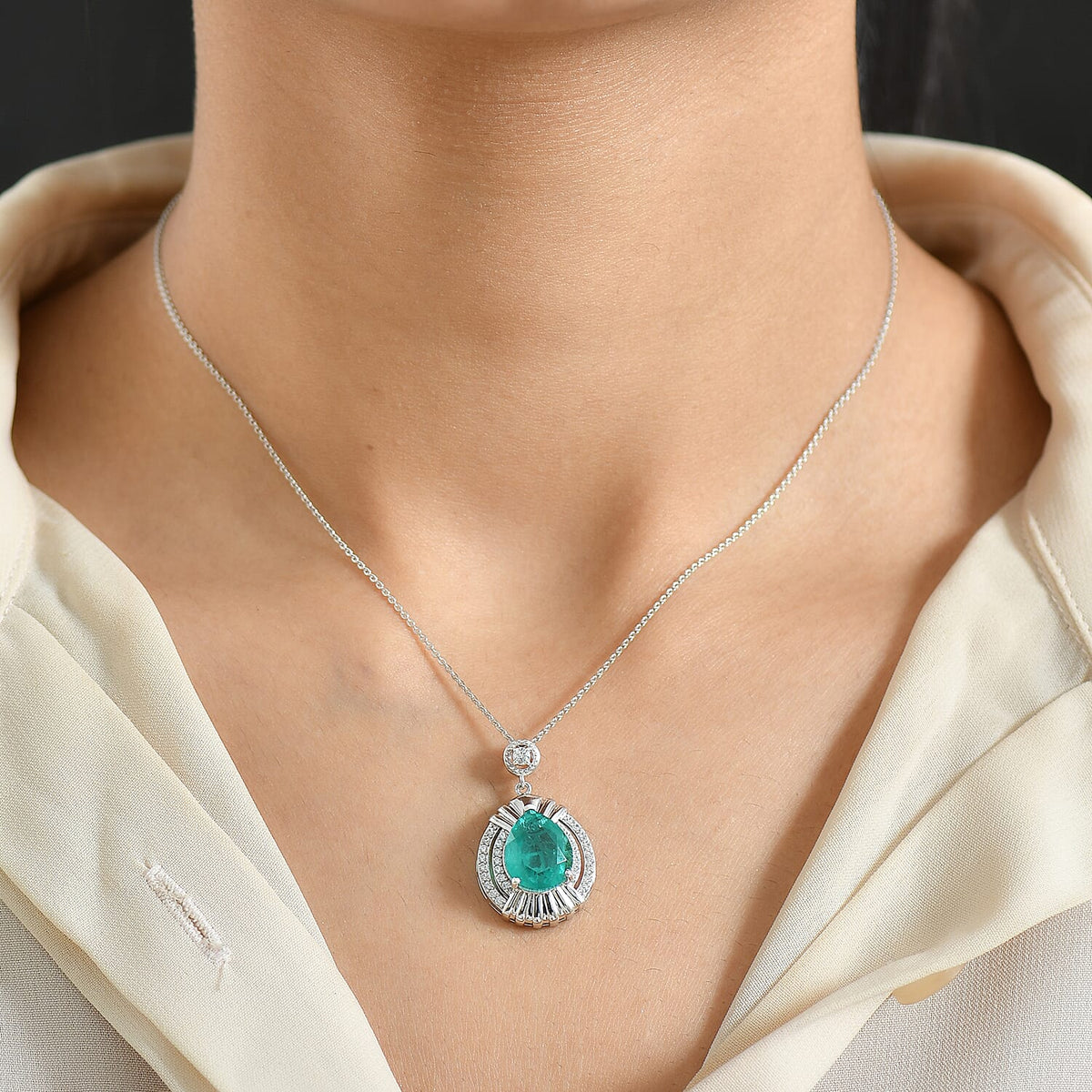 D'Joy Emeraldine Triplet Quartz &amp; White Zircon Chain (Size 20) &amp; Pendant in Platinum Overlay Sterling Silver 5.56 Ct. 4439179 3