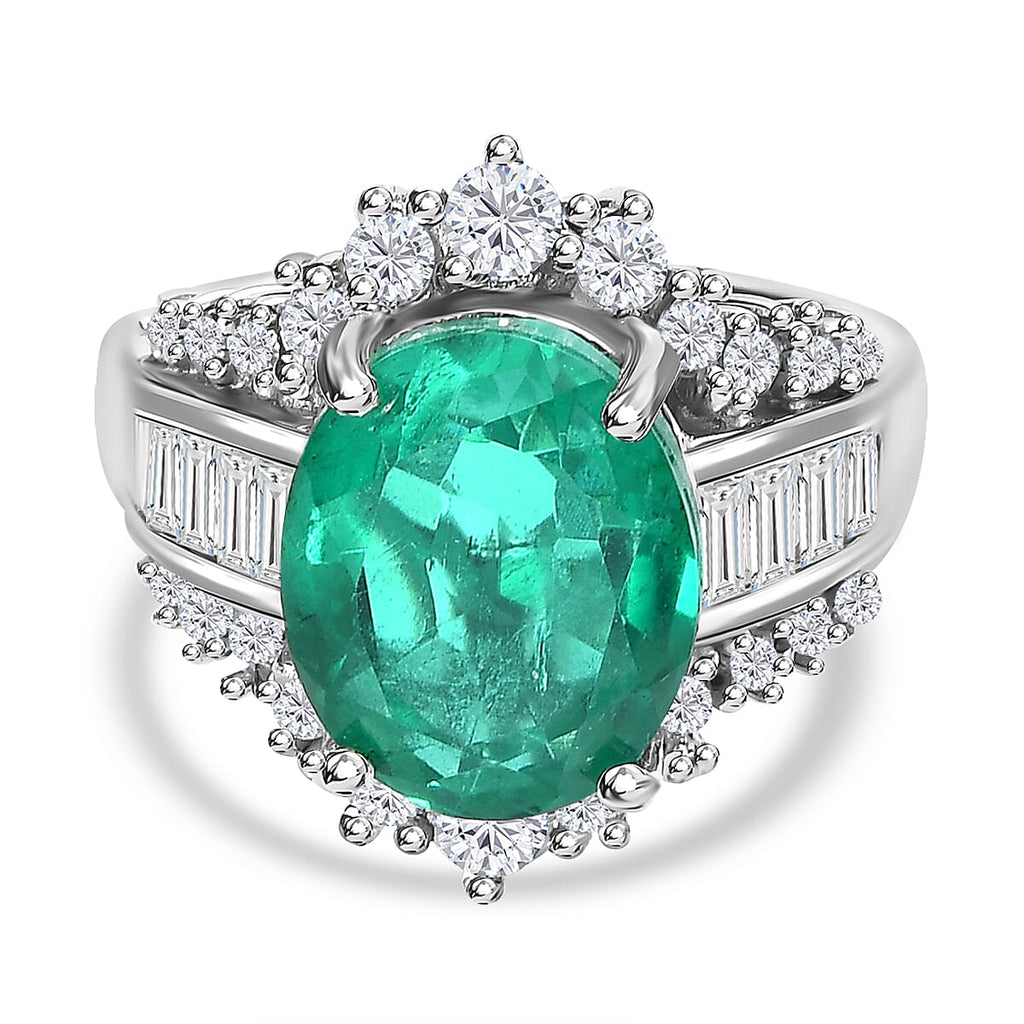 Emeraldine Triplet Quartz & Natural Zircon Ring in Platinum Overlay Sterling Silver 7.51 Ct.