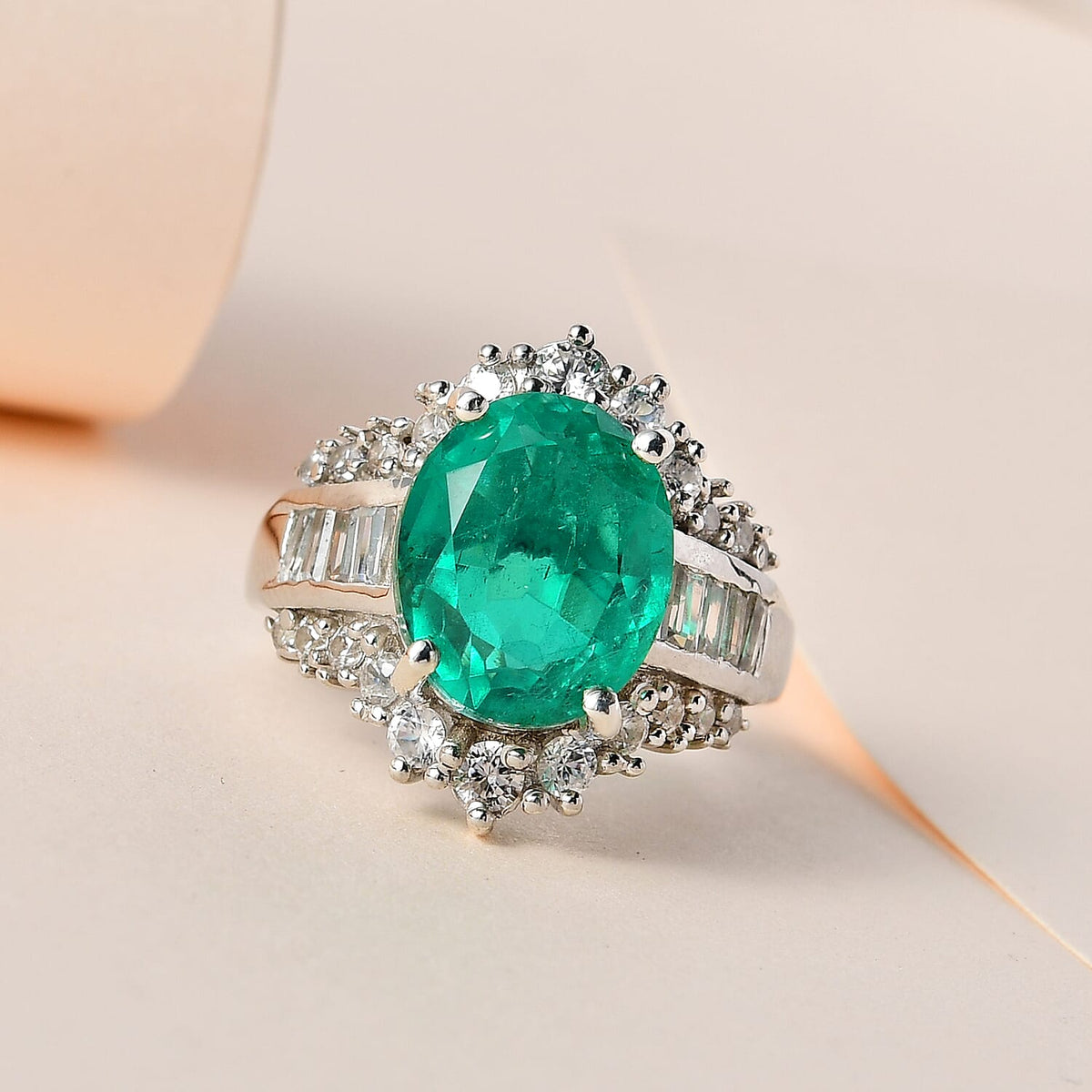 Emeraldine Triplet Quartz &amp; Natural Zircon Ring in Platinum Overlay Sterling Silver 7.51 Ct. 7533528 1