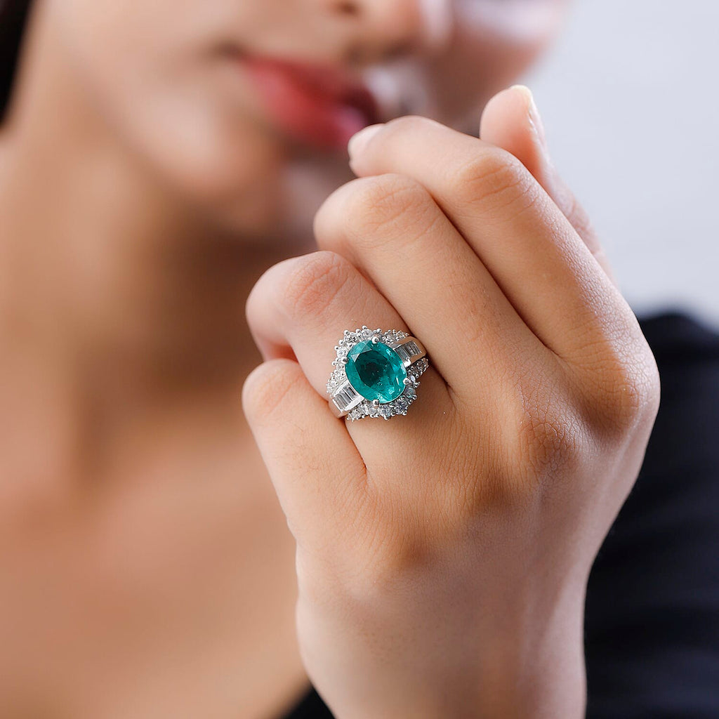 Emeraldine Triplet Quartz & Natural Zircon Ring in Platinum Overlay Sterling Silver 7.51 Ct.