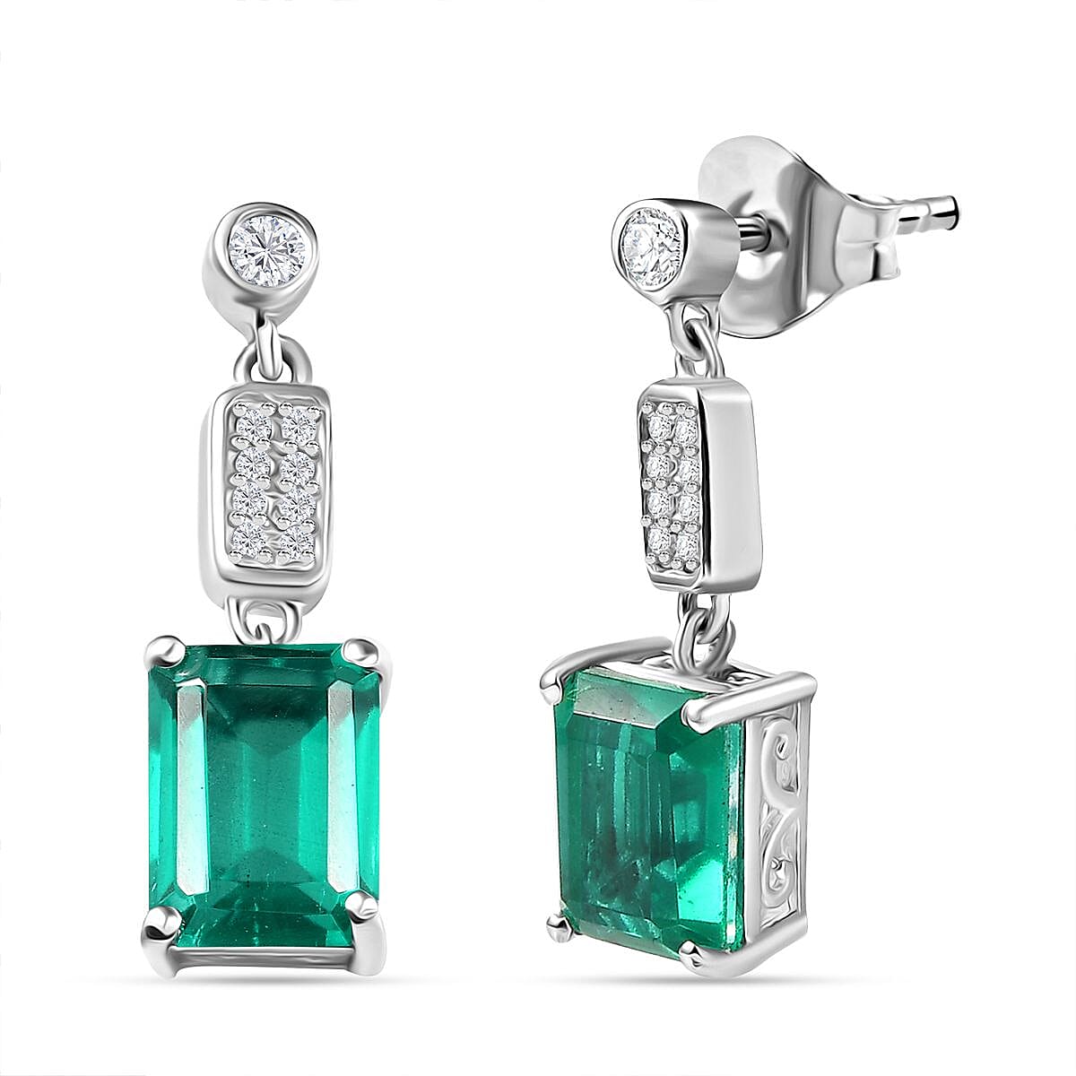 Emeraldine Triplet Quartz &amp; White Zircon Dangling Earring with Push Back in Rhodium Overlay Sterling Silver 3.64 Ct. 8068973 0