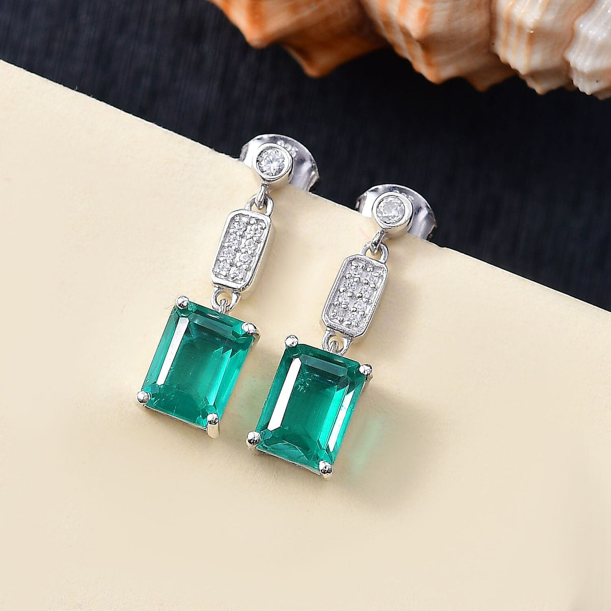 Emeraldine Triplet Quartz &amp; White Zircon Dangling Earring with Push Back in Rhodium Overlay Sterling Silver 3.64 Ct. 8068973 2