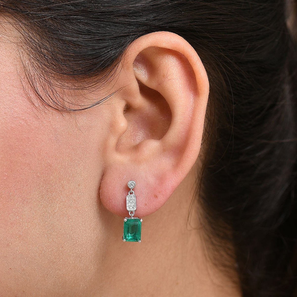 Emeraldine Triplet Quartz &amp; White Zircon Dangling Earring with Push Back in Rhodium Overlay Sterling Silver 3.64 Ct. 8068973 3