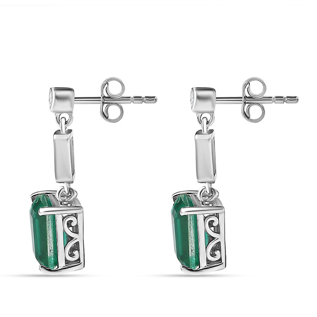 Emeraldine Triplet Quartz &amp; White Zircon Dangling Earring with Push Back in Rhodium Overlay Sterling Silver 3.64 Ct. 8068973 4