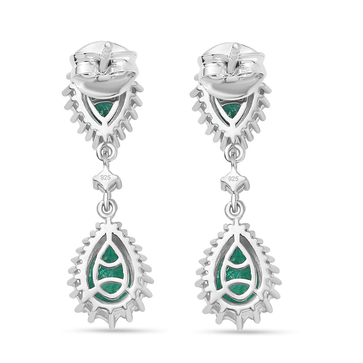 Emeraldine Triplet Quartz &amp; White Zircon Dangling Earring with Push Back in Rhodium Overlay Sterling Silver 5.29 Ct. 8110479 5