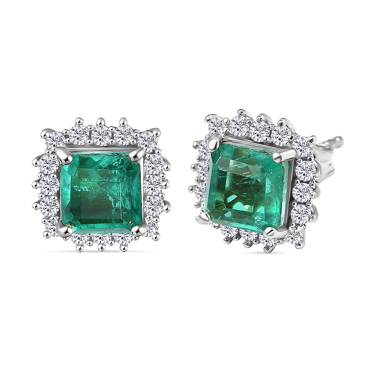 Emeraldine Triplet Quartz &amp; White Zircon Earring with Push Back in Rhodium Overlay Sterling Silver 3.04 Ct. 8068938 0