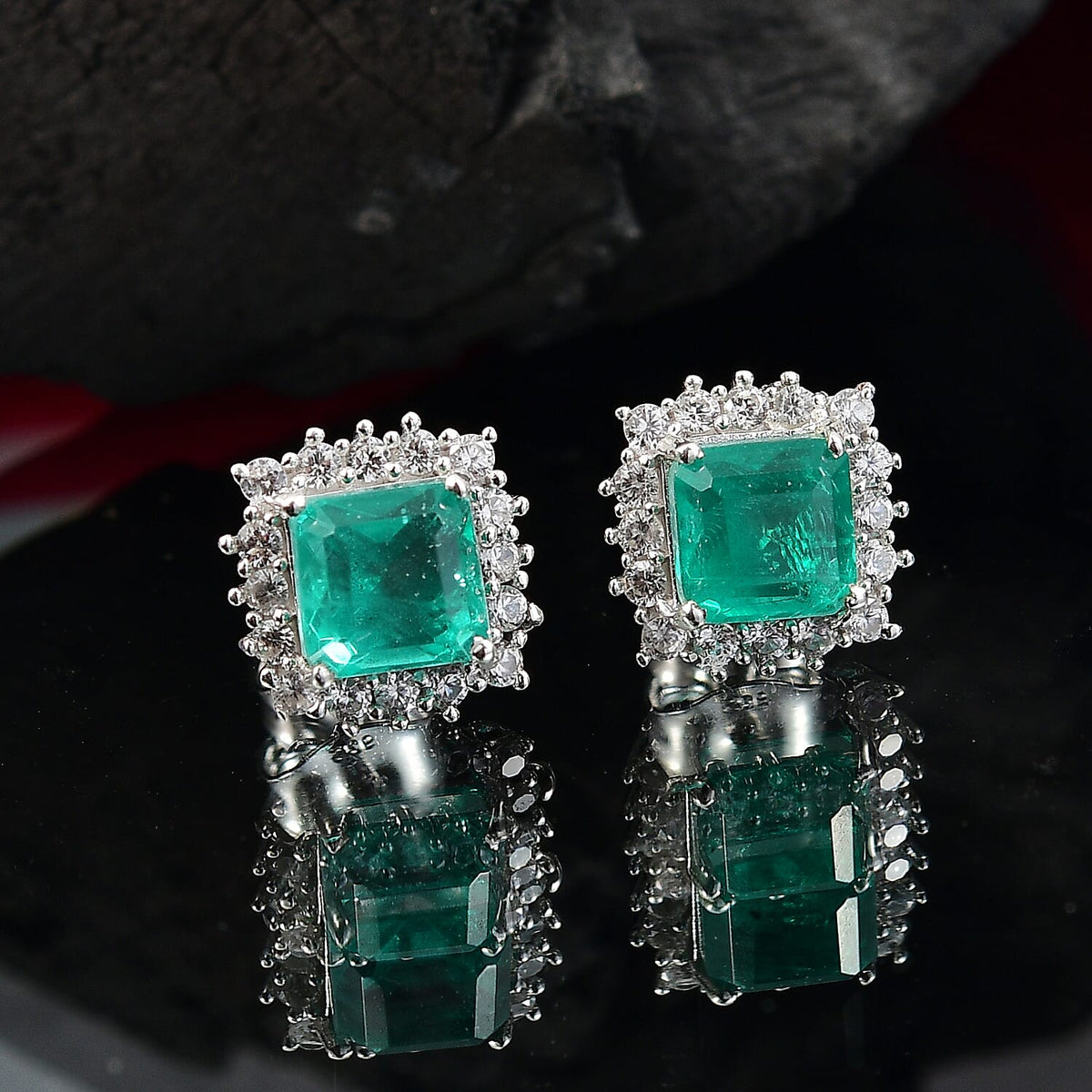 Emeraldine Triplet Quartz &amp; White Zircon Earring with Push Back in Rhodium Overlay Sterling Silver 3.04 Ct. 8068938 2