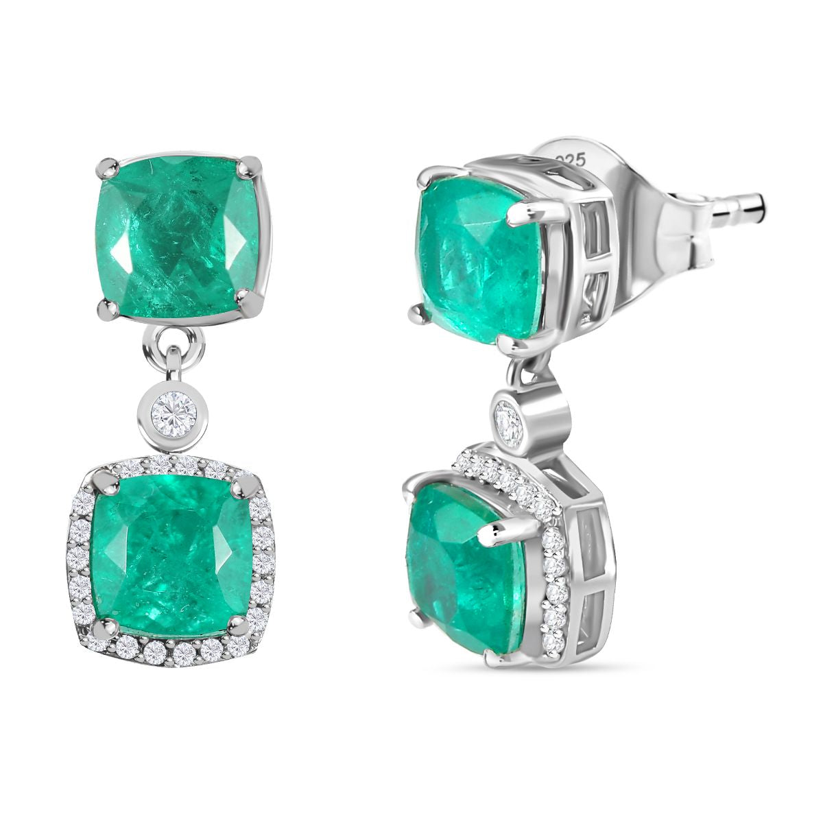 Emeraldine Triplet Quartz &amp; White Zircon Earring with Push Back in Rhodium Overlay Sterling Silver 7.54 Ct. 8074682 0