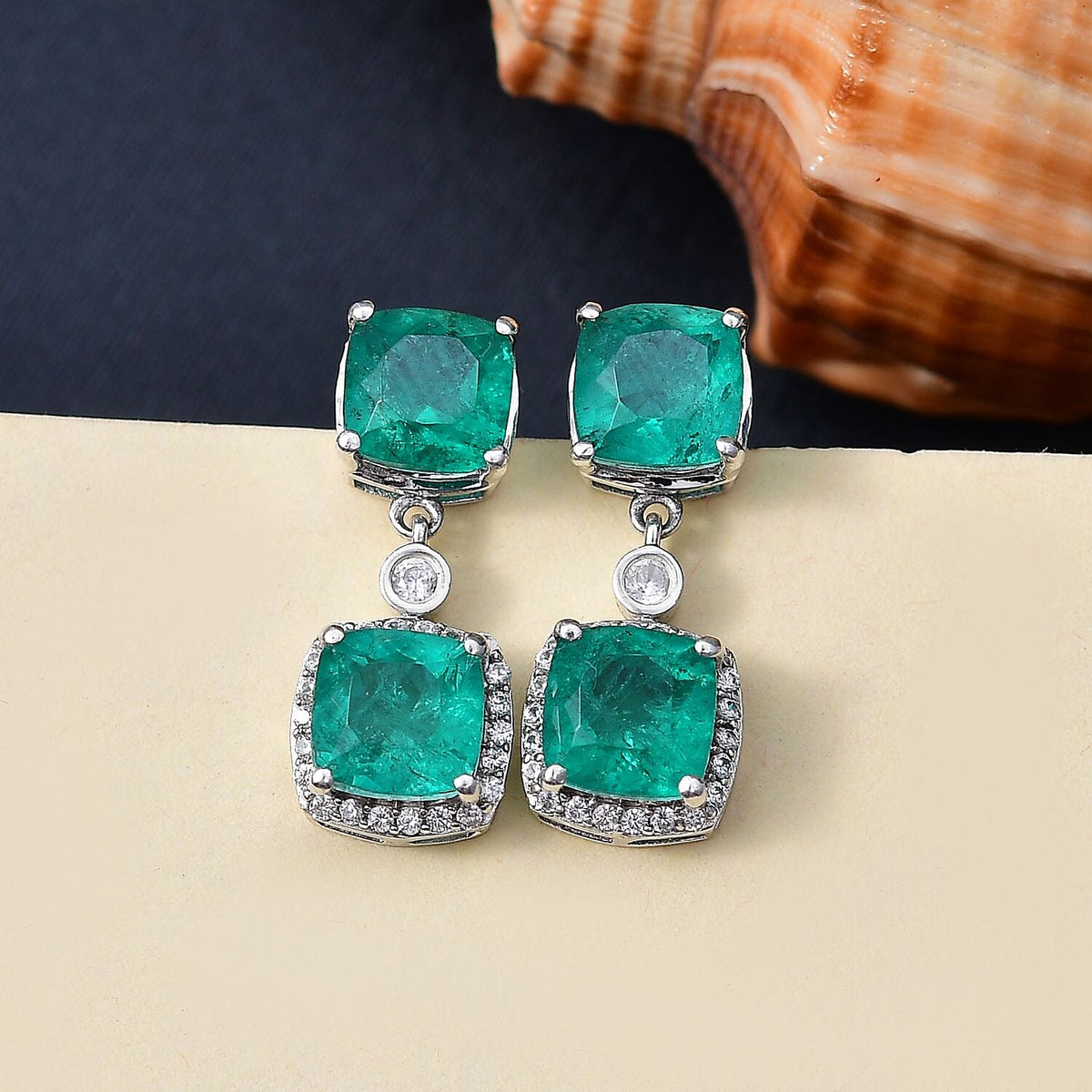 Emeraldine Triplet Quartz &amp; White Zircon Earring with Push Back in Rhodium Overlay Sterling Silver 7.54 Ct. 8074682 2