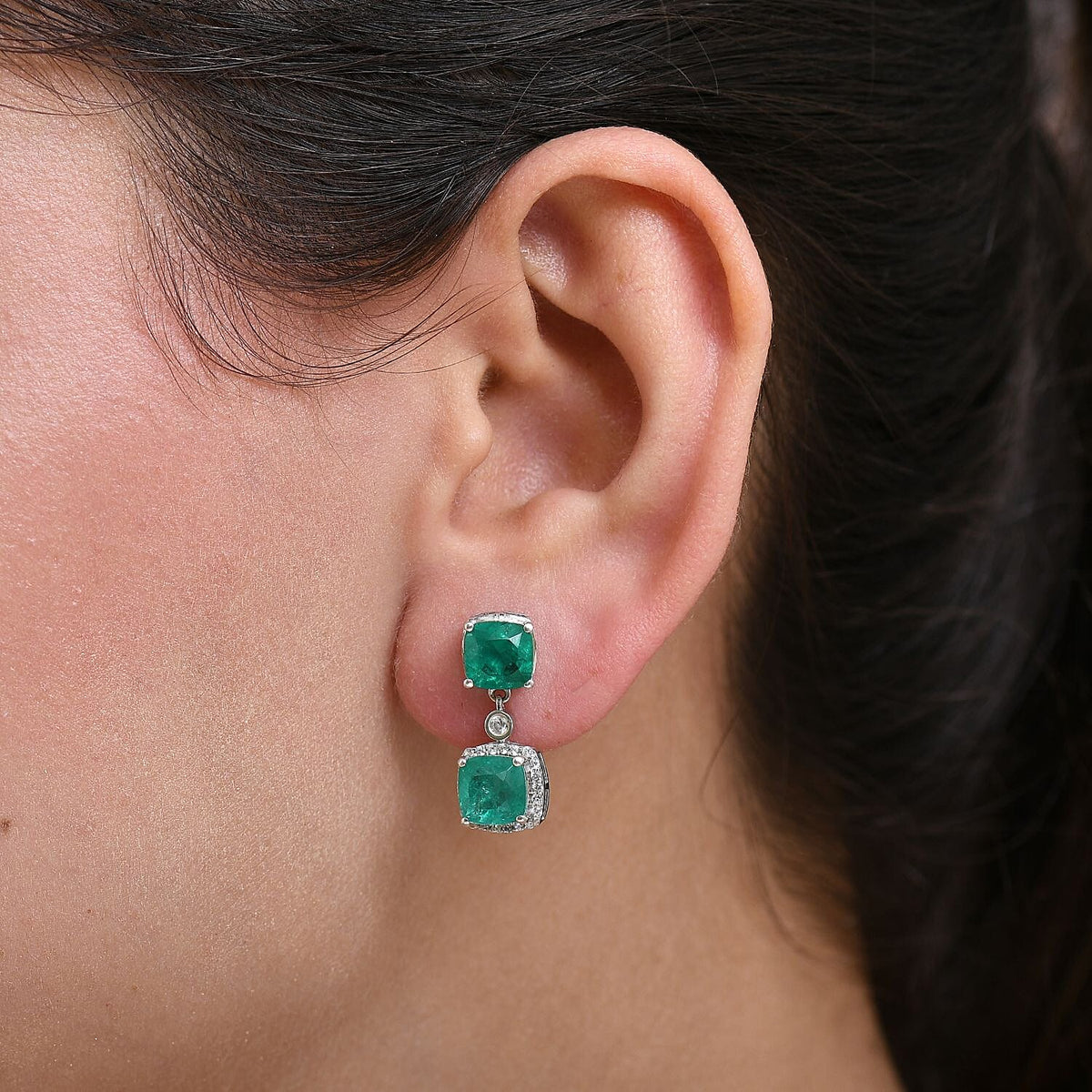 Emeraldine Triplet Quartz &amp; White Zircon Earring with Push Back in Rhodium Overlay Sterling Silver 7.54 Ct. 8074682 3