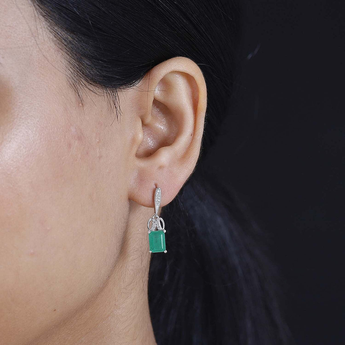 Emeraldine Triplet Quartz, White Zircon Fancy Dangle Earrings in Rhodium Plated Sterling Silver 7824066 3