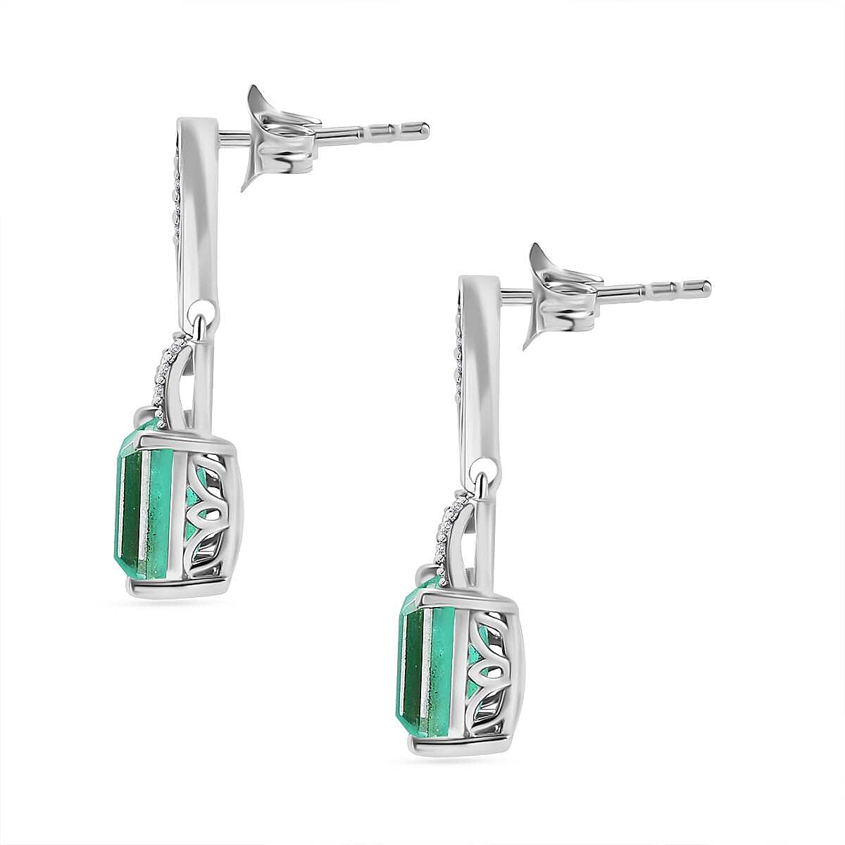 Emeraldine Triplet Quartz, White Zircon Fancy Dangle Earrings in Rhodium Plated Sterling Silver 7824066 4