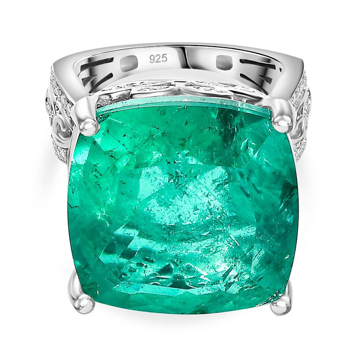 Emeraldine Triplet Quartz, White Zircon Ring in Rhodium Overlay Sterling Silver, Silver Wt. 6.7 Gms  25.760  Ct. 7799348 1