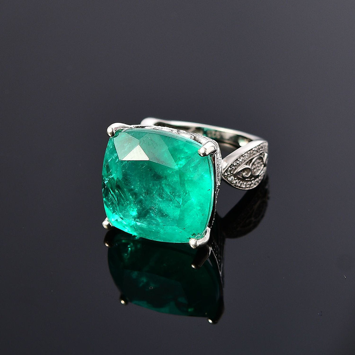 Emeraldine Triplet Quartz, White Zircon Ring in Rhodium Overlay Sterling Silver, Silver Wt. 6.7 Gms  25.760  Ct. 7799348 2