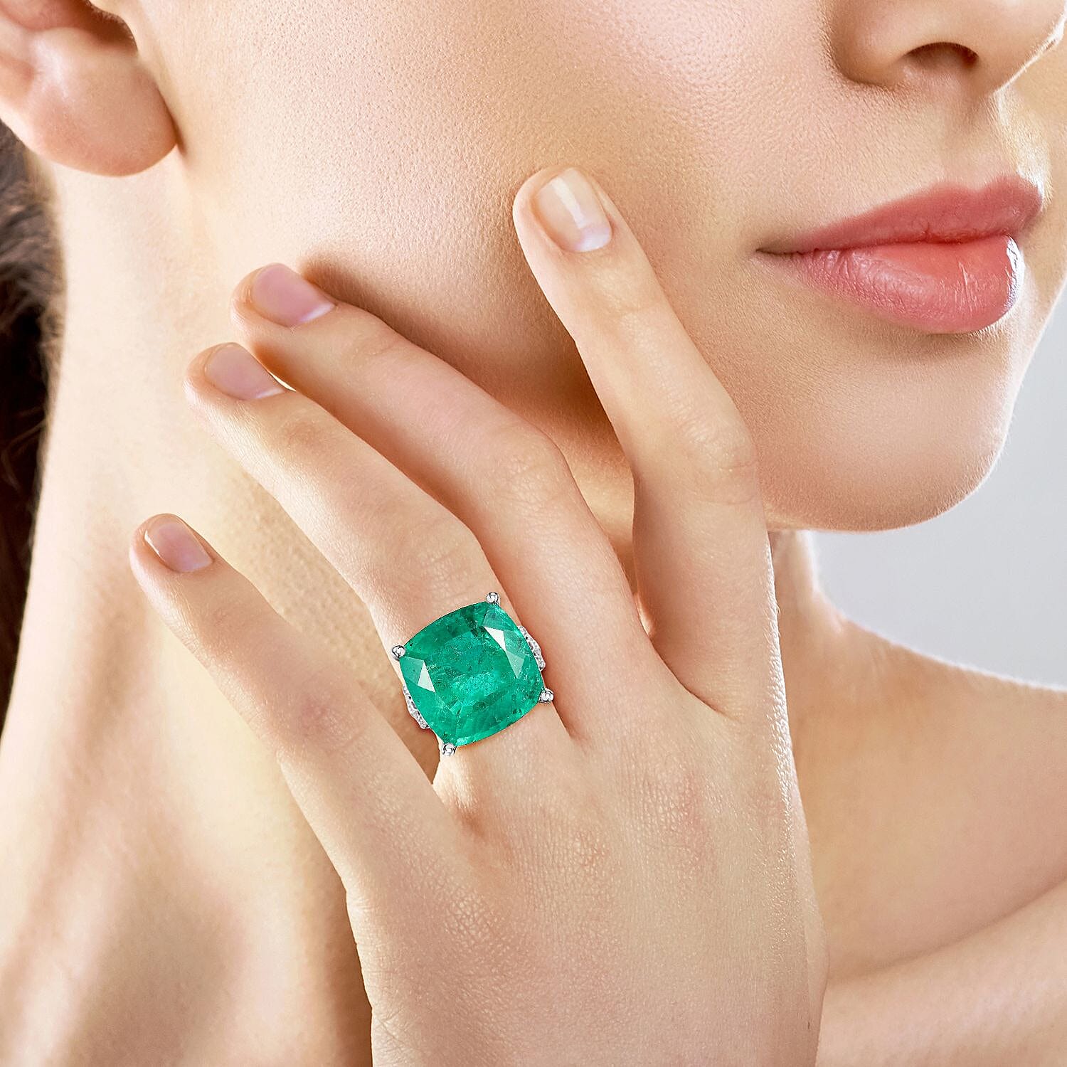 Emeraldine Triplet Quartz, White Zircon Ring in Rhodium Overlay Sterling Silver, Silver Wt. 6.7 Gms  25.760  Ct. 7799348 3
