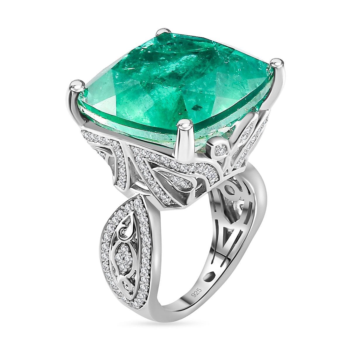 Emeraldine Triplet Quartz, White Zircon Ring in Rhodium Overlay Sterling Silver, Silver Wt. 6.7 Gms  25.760  Ct. 7799348 4