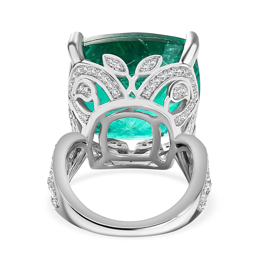 Emeraldine Quartz & Natural Zircon Ring in Rhodium Overlay Sterling Silver 26.90 Ct, Silver Wt. 5.99 Gms.