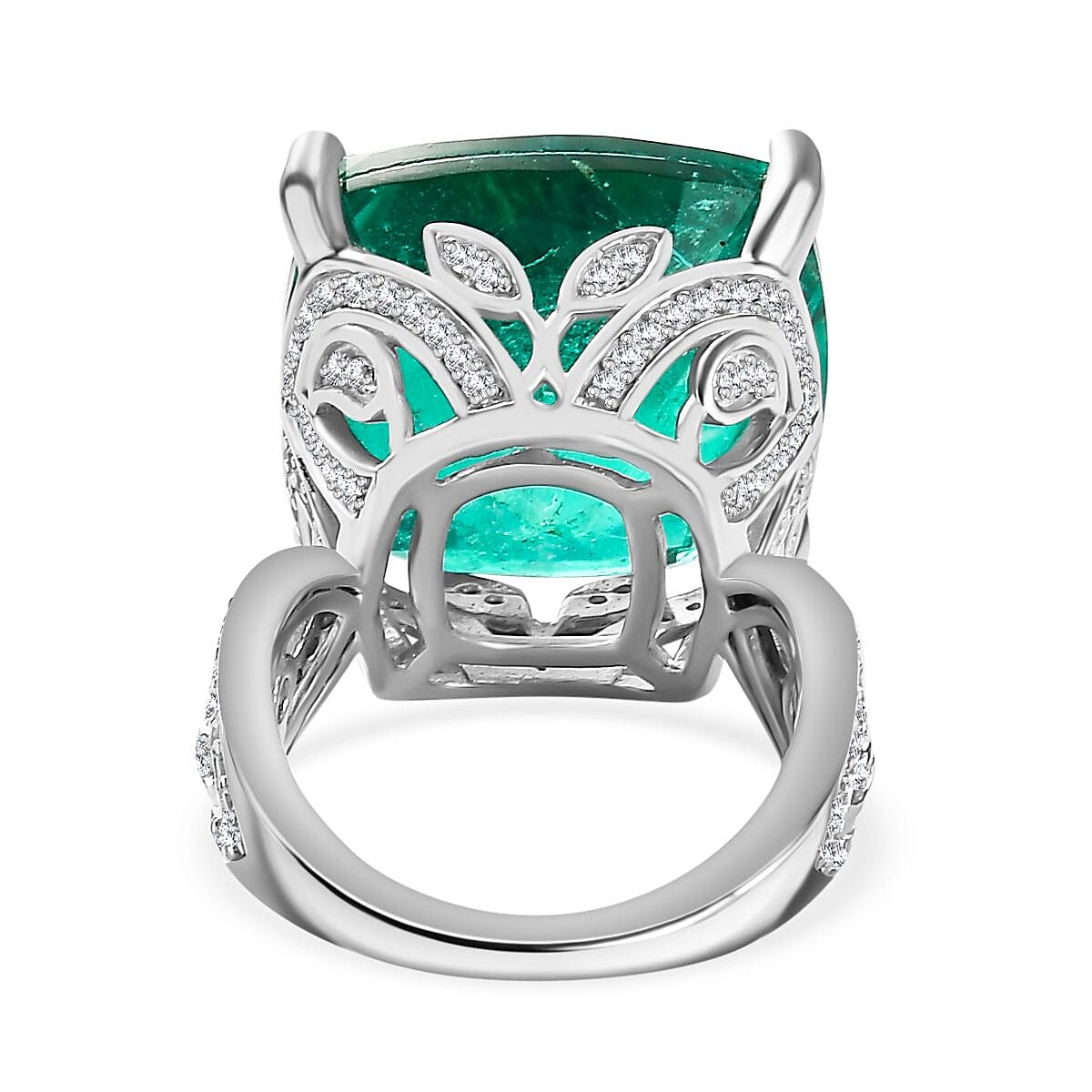 Emeraldine Triplet Quartz, White Zircon Ring in Rhodium Overlay Sterling Silver, Silver Wt. 6.7 Gms  25.760  Ct. 7799348 5