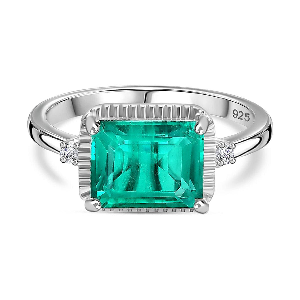 Emeraldine Quartz & Natural Zircon 3 Stone Ring in Rhodium Overlay Sterling Silver 2.76 Ct