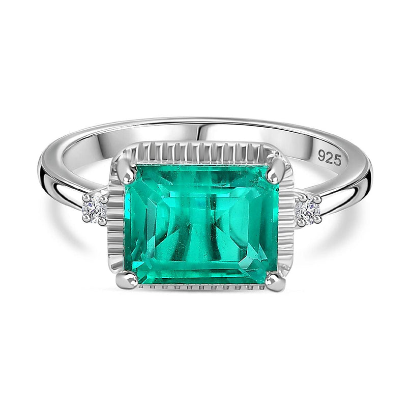 Emeraldine Quartz & Natural Zircon 3 Stone Ring in Rhodium Overlay Sterling Silver 2.76 Ct