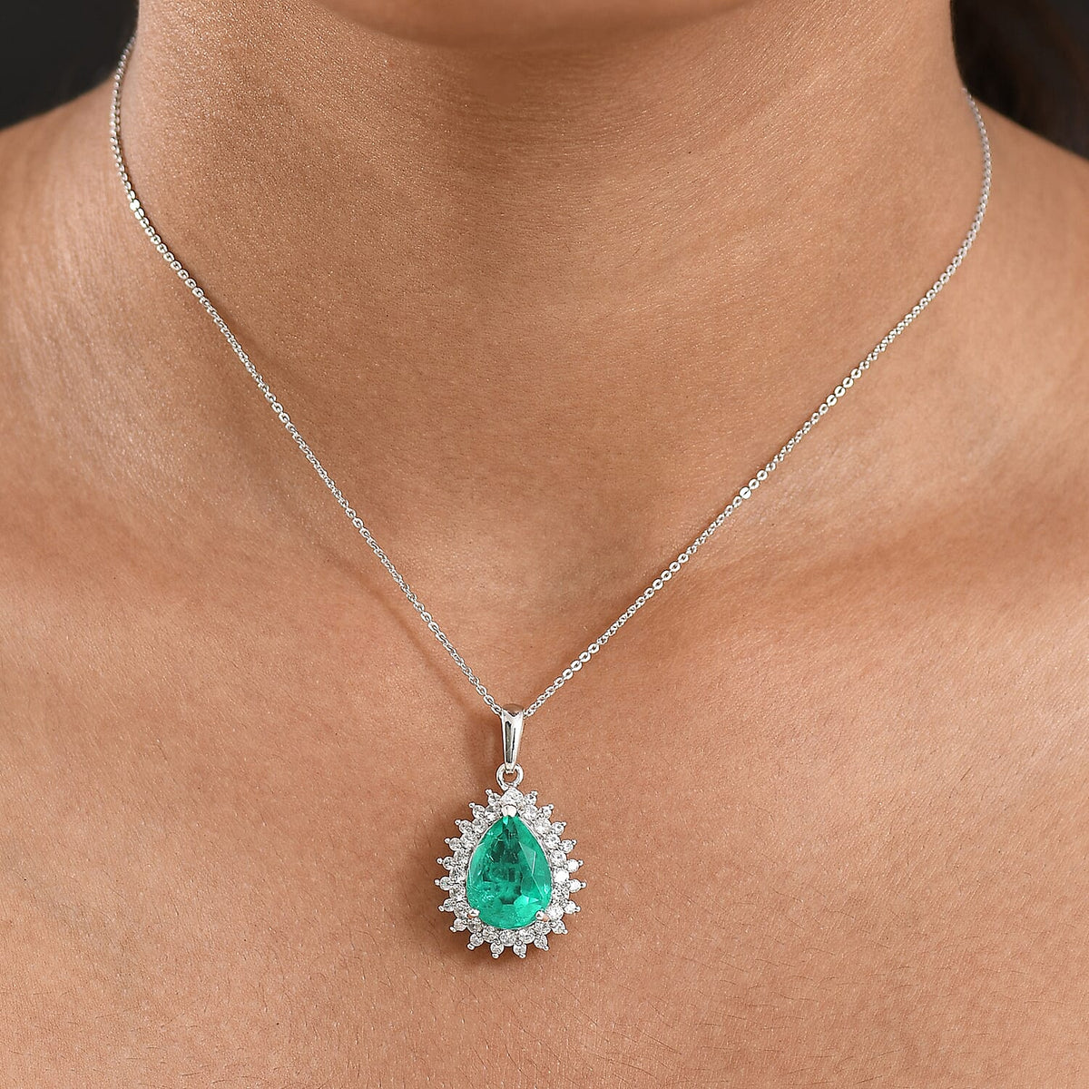 D'joy Emeraldine Triplet Quartz &amp; White Zircon Pendant with Chain (Size 20) in Platinum Overlay Sterling Silver 7.61 Ct. 4415518 2