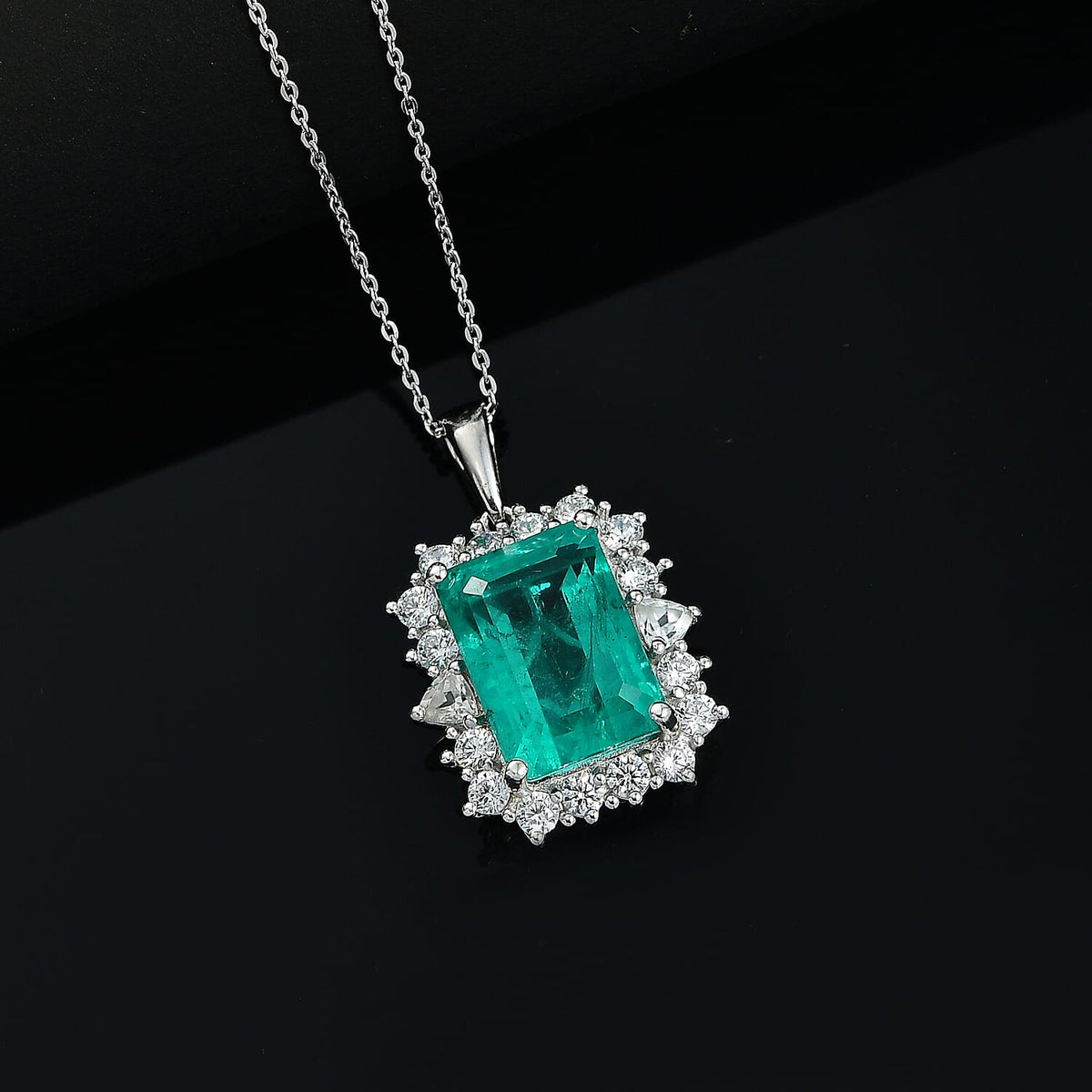 Emeraldine Triplet Quartz &amp; White Zircon Pendant with Chain (Size 20) in Rhodium Overlay Sterling Silver 10.42 Ct, Silver Wt. 5.40 Gms. 4355922 3